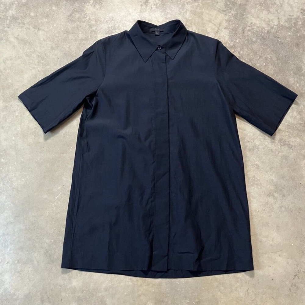 Cos Blouse Womens 4 Black Collared Hidden Button Basic Minimalist Office